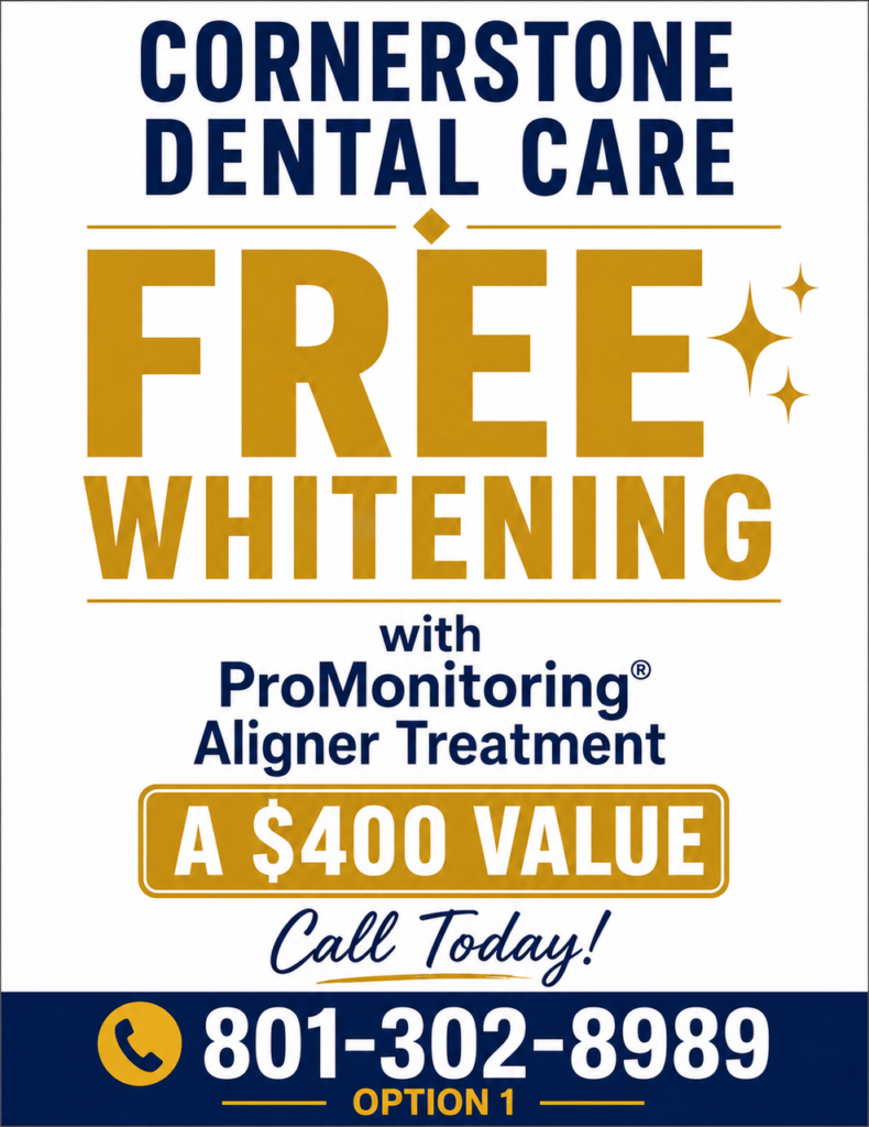 Ad poster for Cornerstone Dental Care: Free whitening with ProMonitoring Aligners; includes $400 value and call today, phone 801-302-8989, option 1